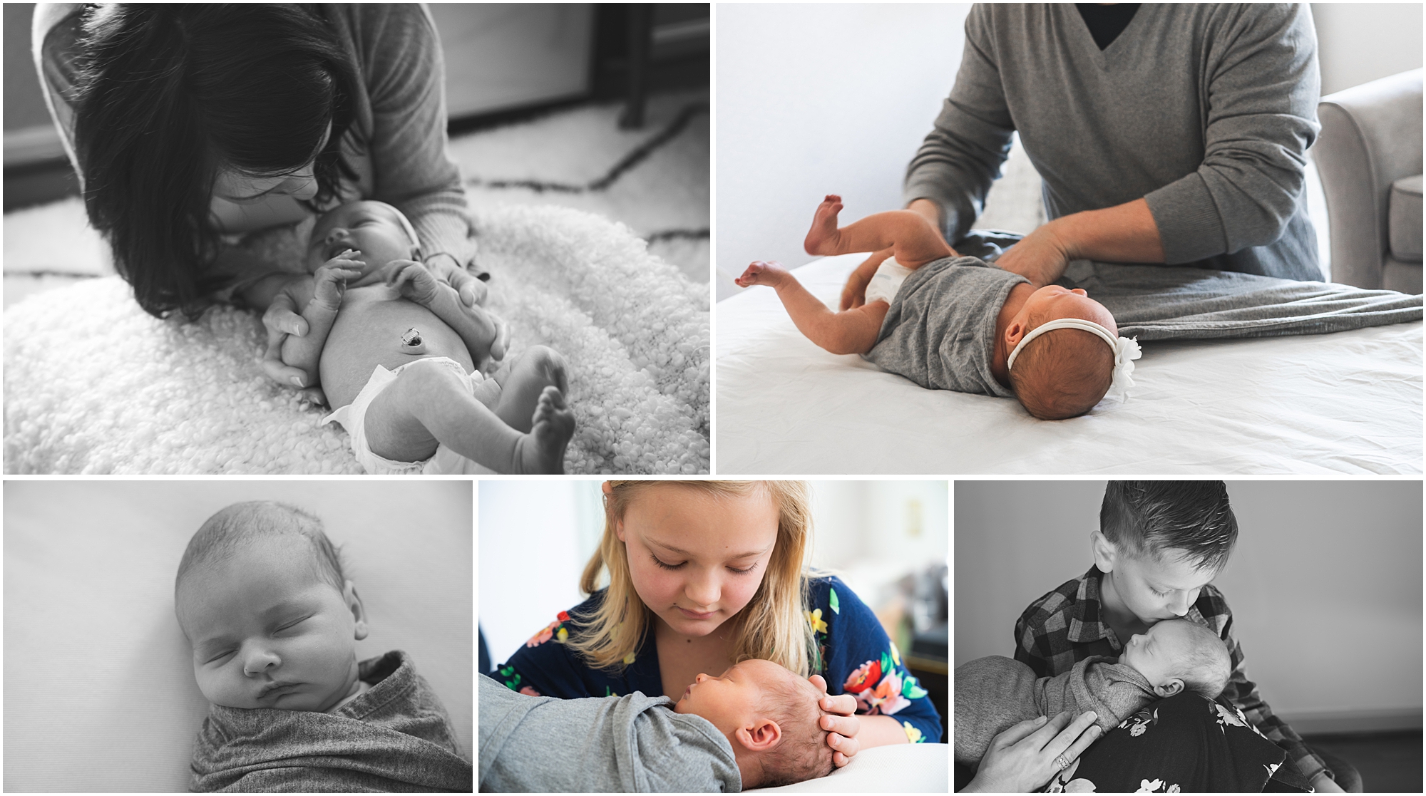 5 photo collage of family interacting with newborn