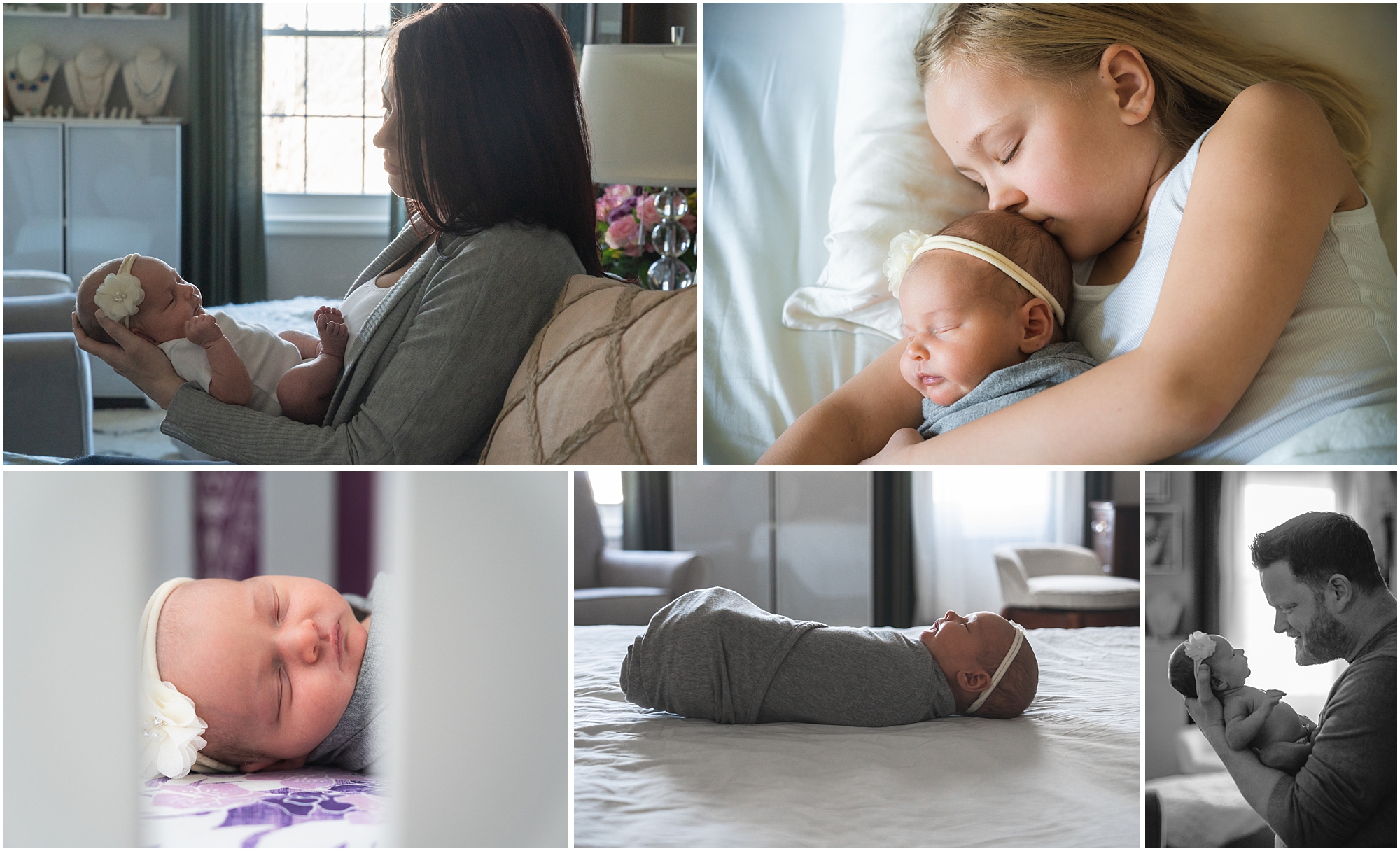 5 photo collage of family holding newborn