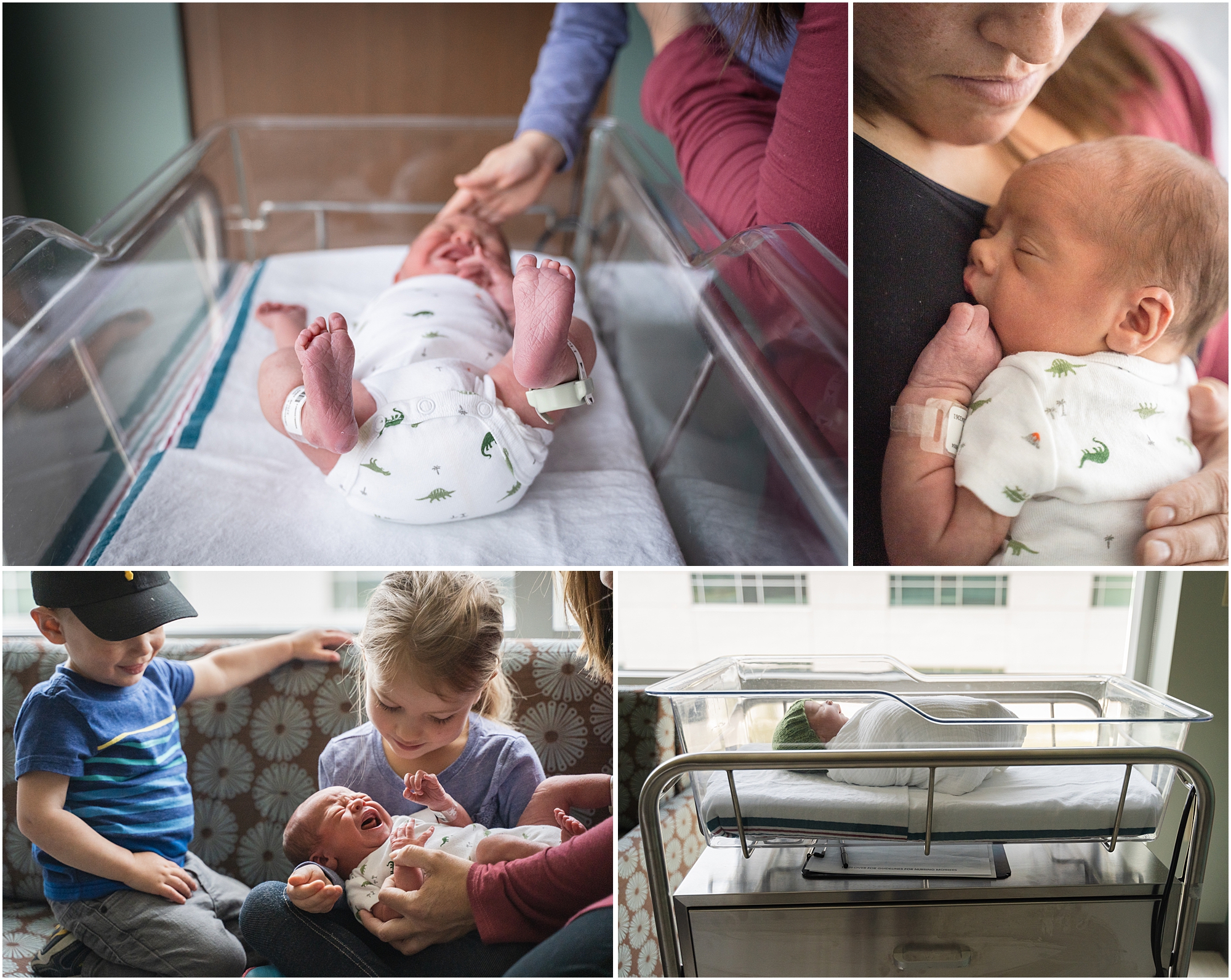collage of 4 family photos with newborn