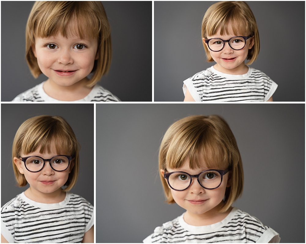 classic school portrait of girl collage of 4 photos with and without glasses