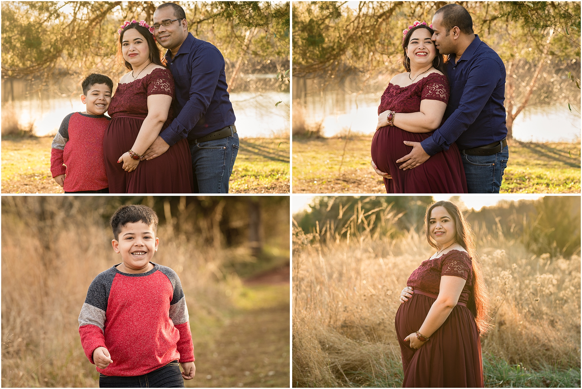 collage of outdoor family holiday maternity photos pregnant mother father son